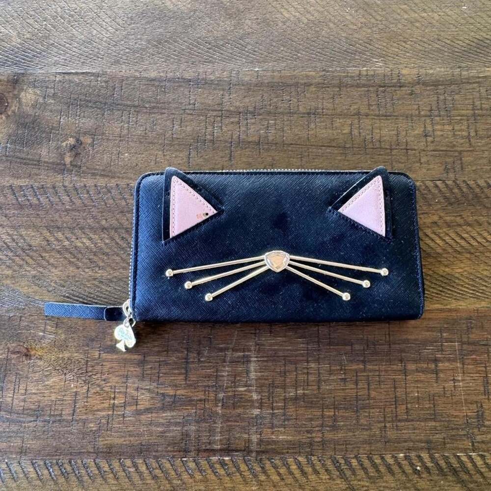 Kate Spade Jazz Things up Black Cat Zip Around Long Wallet Retired 2017 Exc.Cond